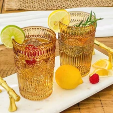 	Vintage Textured Amber Striped Drinking Glasses Set of 6-13 Oz Ribbed Glassw...