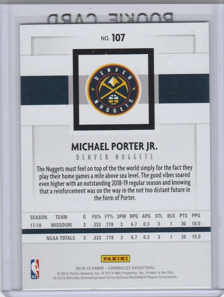 MICHAEL PORTER JR. Panini Chronicles ROOKIE CARD Denver Nuggets Basketball RC - Image 2 of 2