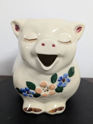 Vintage Shawnee Pottery "Smiley the Pig" pitcher w/ peach and blue flowers USA