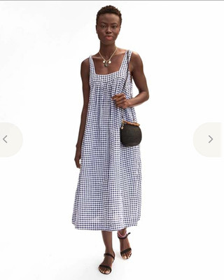 Clare V. Rosalie Navy/White Gingham Linen Sleeveless Tie Strap Midi Sundress M/L