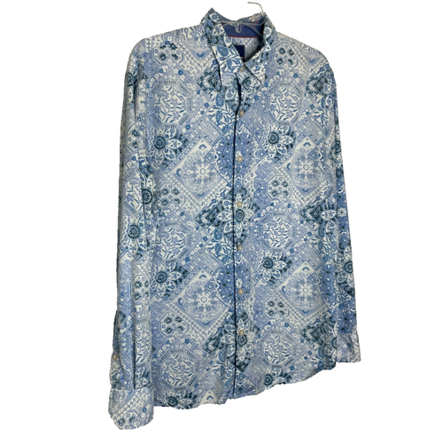 Men's Medium Tommy Bahama Blue Bandana Print Cotton/Silk Button Down - Picture 2 of 5