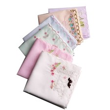 Assorted Ladies Novetly Embroidered Cotton Soft Handkerchiefs Scalloped Hanki...