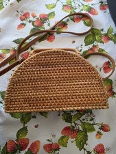 Rattan Handwoven 9"x5"x3" Double Handle54" Crossbody Strap NWT