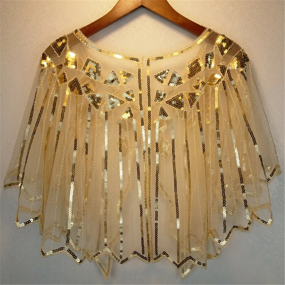 Vintage Gold Ladies 1920s Shawl Wraps Sequin Evening Cape Bridal Bolero Flapper - Image 4 of 4