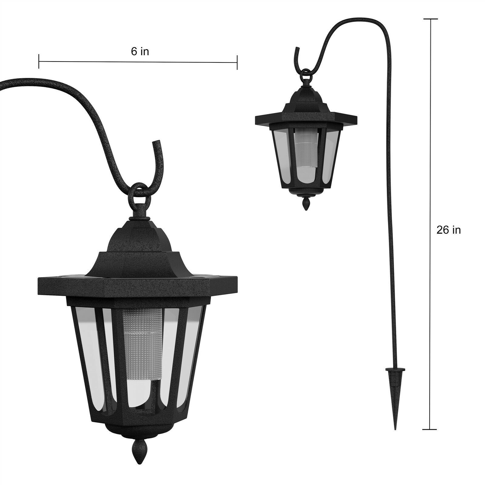 2 Pack LED Solar Hanging Lights Coach Lanterns on Shepherds Hook Metal Pole thumbnail 3