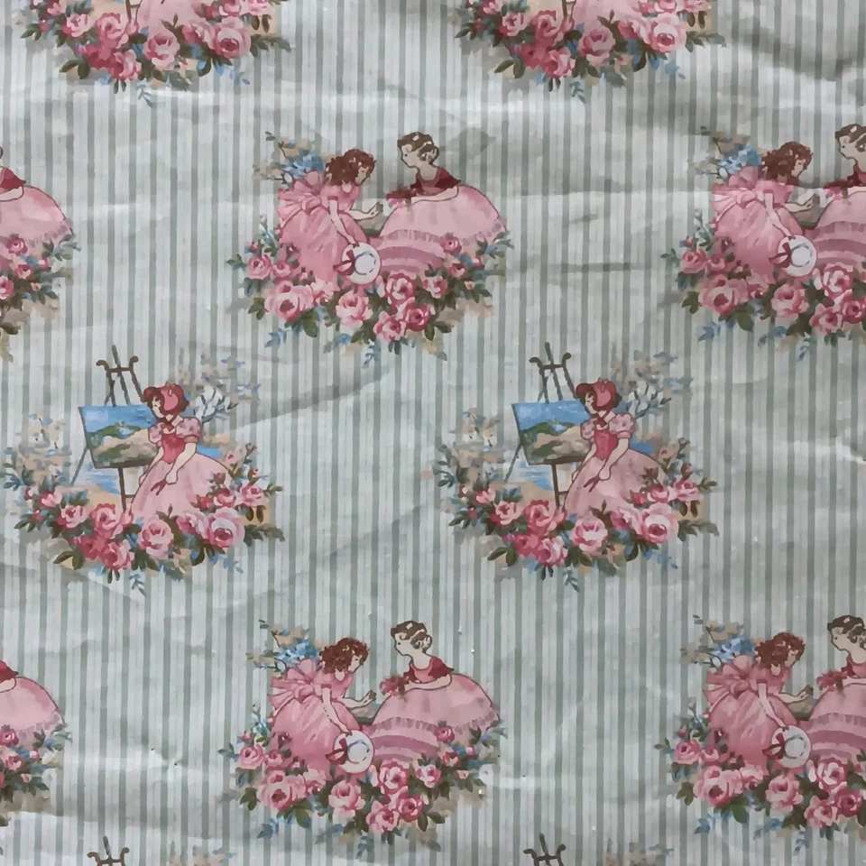 Vtg. Victorian Girls Novelty Cotton Fabric Pink Tea Roses  40 x 61  Cottagecore - Image 4 of 4