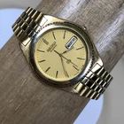 Vintage Seiko Quartz Watch Mens 31mm Gold Dial Day Date Gold Tone 5Y23 Japan