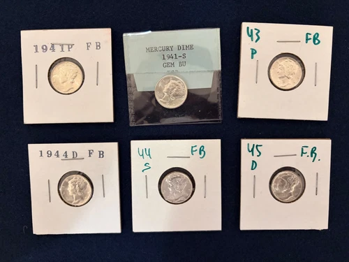 Lot of 6 Gem BU Full Split Band Mercury Dimes 1941 1941S 1943 1944D 1944S 1945D