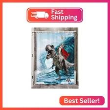 Funny Cat Shower Curtain, Cool Cat Dinosaur Japanese Ocean Wave Shower Curtain,