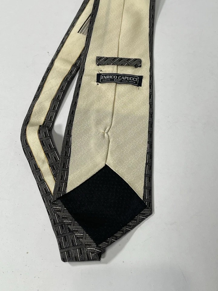 Enrico Capucci Silk Tie Art Deco Cream Black Geometric Retro Mens Necktie - Image 3 of 4