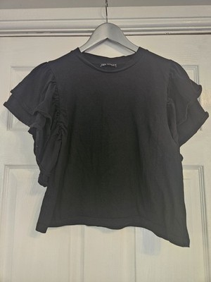 Zara Black Short Sleeve Top Size Medium. Frilly Layered Sleeve. Capsule Wardrobe