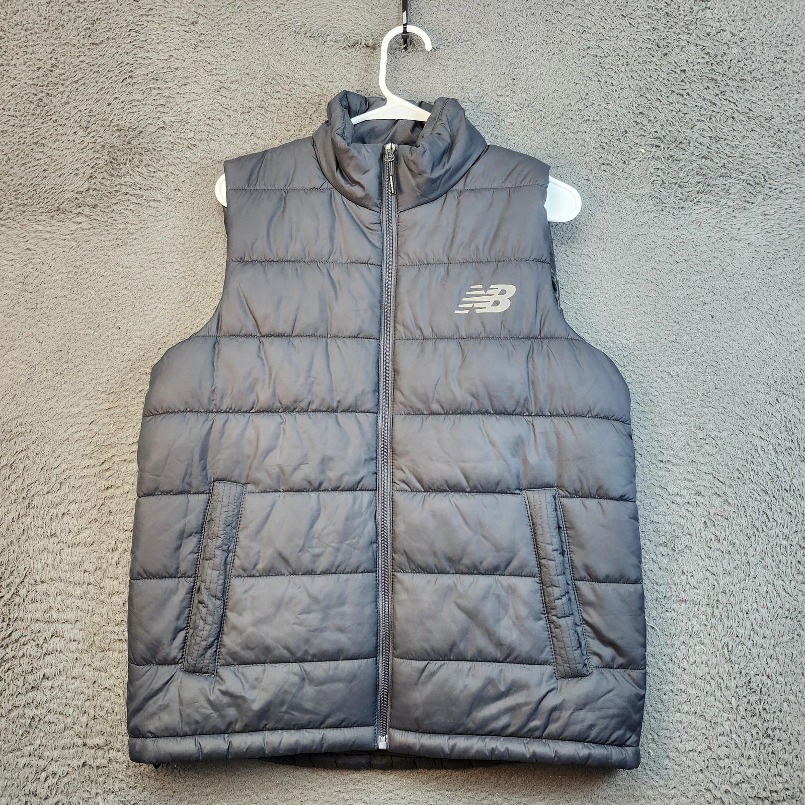 New Balance Vest Mens Small Gray Puffer Insulated Quilted Full Zip Logo Athletic