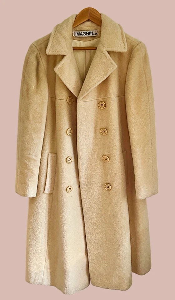 Vintage 1960s I. Magnin Alpaca Mohair Pile Coat Cream Long Double Breasted ILGWU - Image 2 of 4
