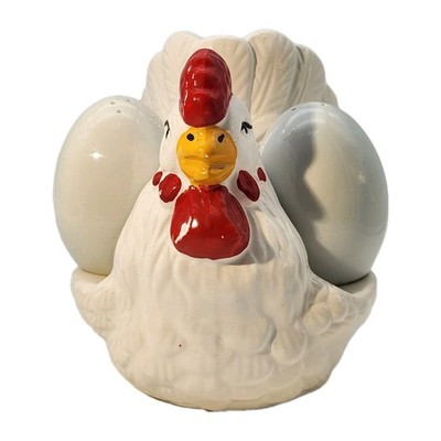 Vintage Salt & Pepper Shaker Napkin Holder Set  Chicken Hen Eggs White Porcelain