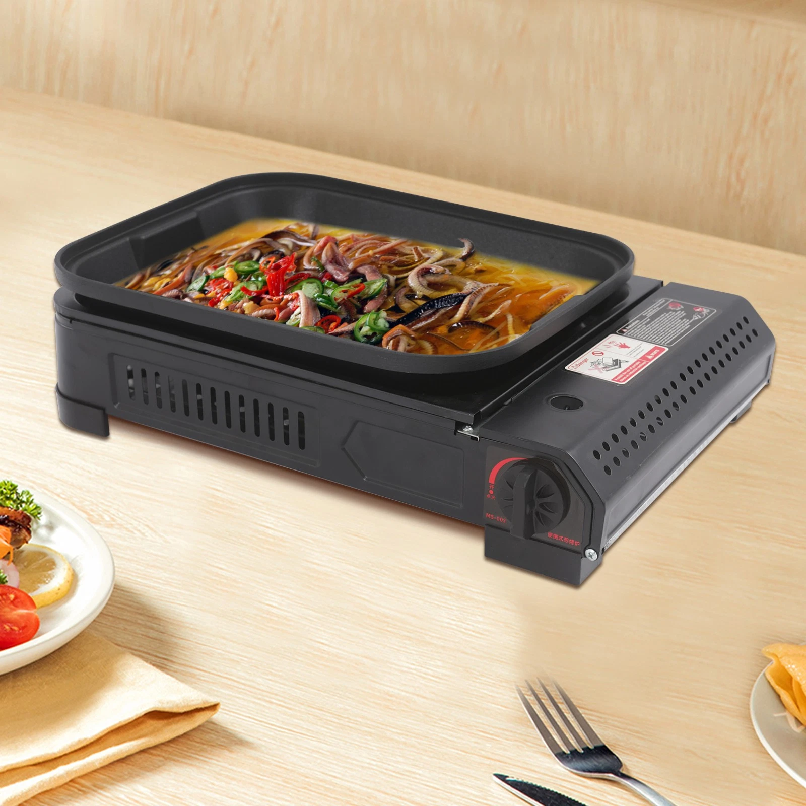 Portable Butane Gas Stove Grill 2.1KW Camping BBQ with Non-Stick Pan & Lid
