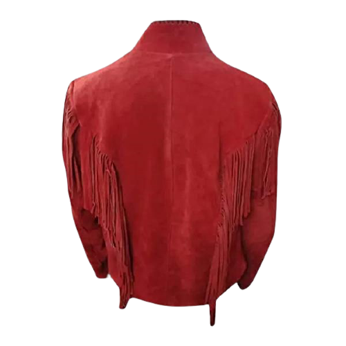 Women Red Suede Leather Western Style Jacket Fringed & Beaded - American Style - Picture 2 of 4