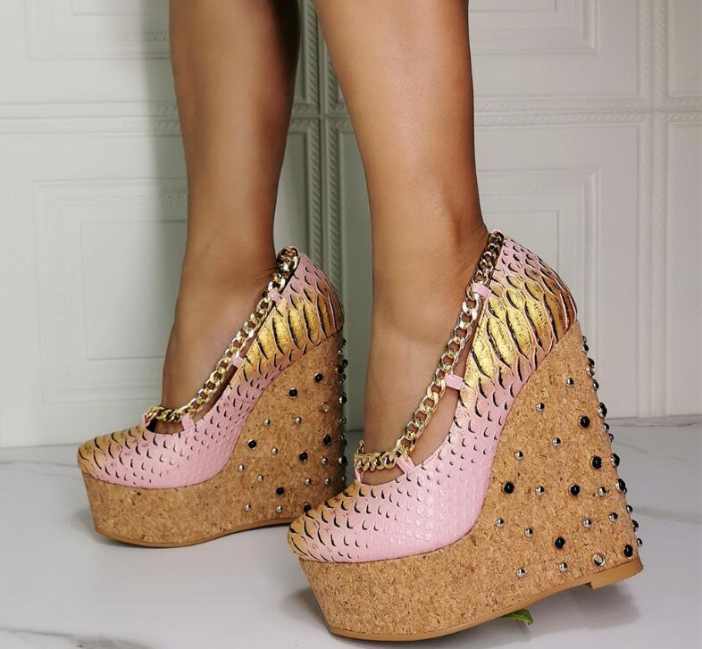 Womens New Fashion Round Toe Serpentine Metal Chain Rivet Shoes Wedge ...