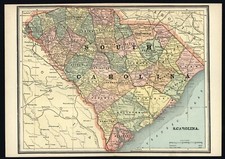 VINTAGE State Map - SOUTH CAROLINA - 9 x 12 inches CIRCA 1890 Colored Counties