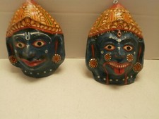 VINTAGE BLUE PAPER MACHE MASK HAND CRAFTED HAND PAINTED SET OF TWO