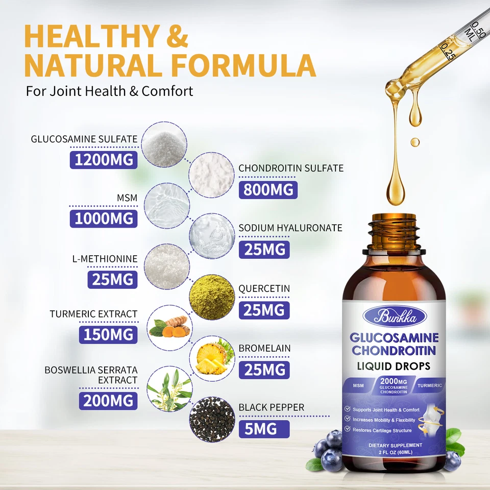 Gotas de glucosamina condroitina 60 ml con bromelina de quercetina de cúrcuma MSM 2 FL OZ Foto 4 de 4