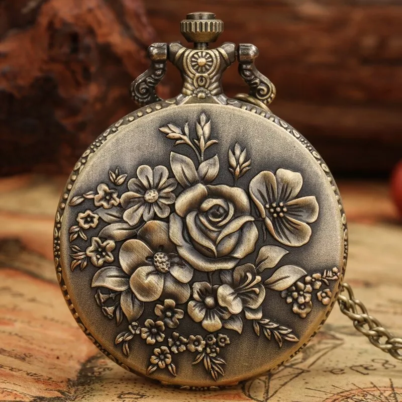 Bronze Rose Flower Petal Quartz Pocket Watches Fob Necklace Chain Jewelry Gifts