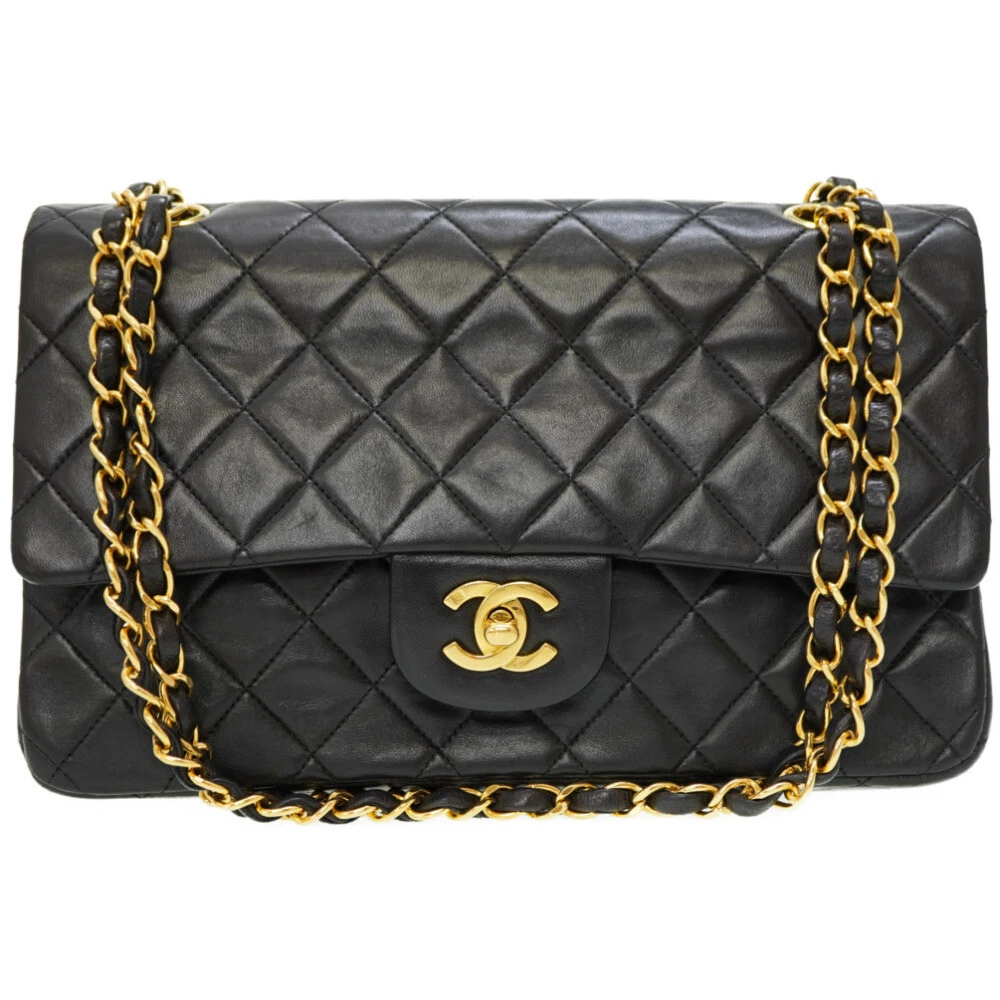 CHANEL Matelasse 25 W Flap Chain Shoulder Bag Black Lambskin Leather 0038