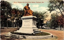 Henry Wadsworth Longfellow Statue Portland Maine ME Antique Postcard PM WOB Note