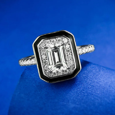 2.45 CTW Emerald Cut Moissanite 14K White Gold Plated Halo Women Engagement Ring