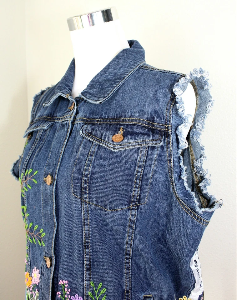 Chaleco vaquero reciclado ÚNICO BUFFALO para damas apliques / bordado ~ M #08 Foto 3 de 4