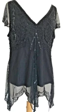 Art Deco Short Sleeve Beaded Top with Sheer Overlay, Tulip Hem, Scala XXL V-Neck