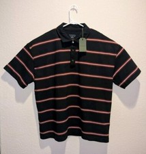 NWT Allsaints Arden Polo Mens Oversized Black Burgundy Striped SS Button Up XL