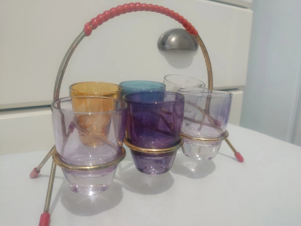 Vintage Kirsch mid century 6 lustre shot glasses In brass stand 1950s  - Image 2 of 4