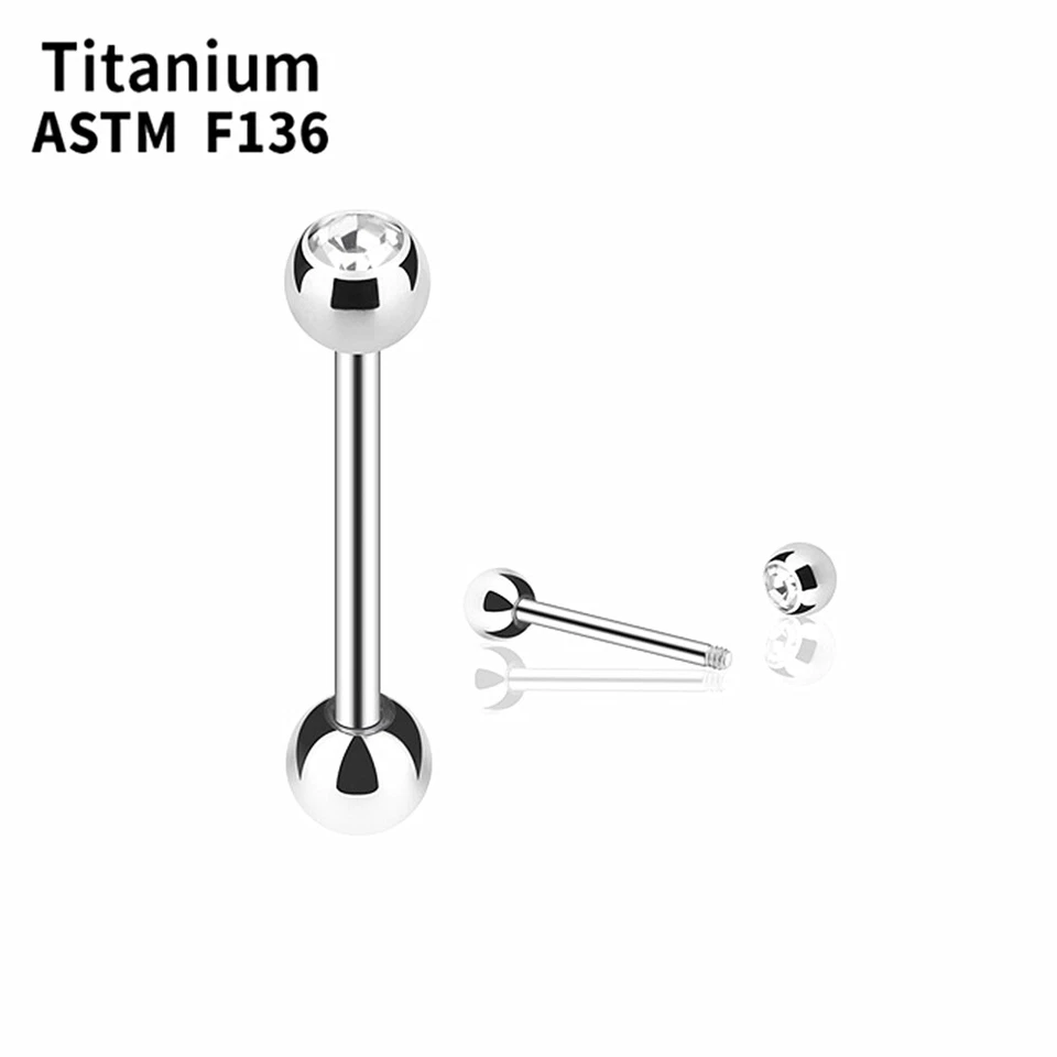 2X F136 Titanium Crystal Tongue Ring 16/19/22mm Bar Barbell Nipple Ring Piercing - Image 3 of 4
