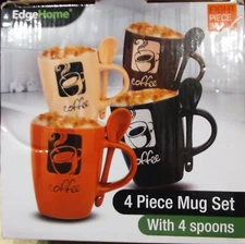 EdgeHome 8pc Coffee Mug Set with Spoons (4 Ceramic Mugs + 4 Spoons) New in Box