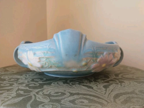 Roseville Pottery Blue 1941 Cosmos Console Vase # 369