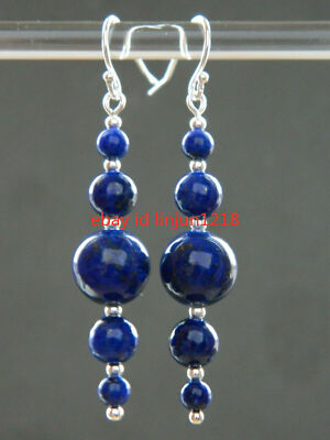 6MM-12MM Blue Lapis Lazuli Graduating Gemstone 925 Silver Drop Earrings