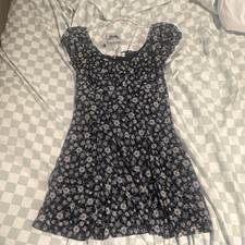 No Comment Blue/White Floral Mini Dress M Square Neck Short Sleeve Button
