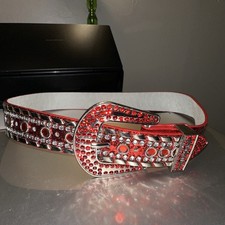 Rhinestone Red Silver Belt Genuine Leather Flashy Bling Western Cowgirl.