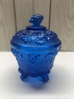 VTG 1950s Jeanette Glass Footed Covered Cobalt Blue Candy Dish Grape Leaf