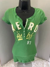 NWT AEROPOSTALE VNeck Short Sleeve Ribbed Henley Juniors/Women Green/Yellow