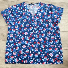 Cassandra O XL Blue Patterned Scrub Top with Hearts Paw Prints