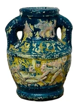 2” URN DISTRESSED CERAMIC OCCUPIED JAPAN EMBELLISHED FIGURES MINI DOUBLE HANDLED