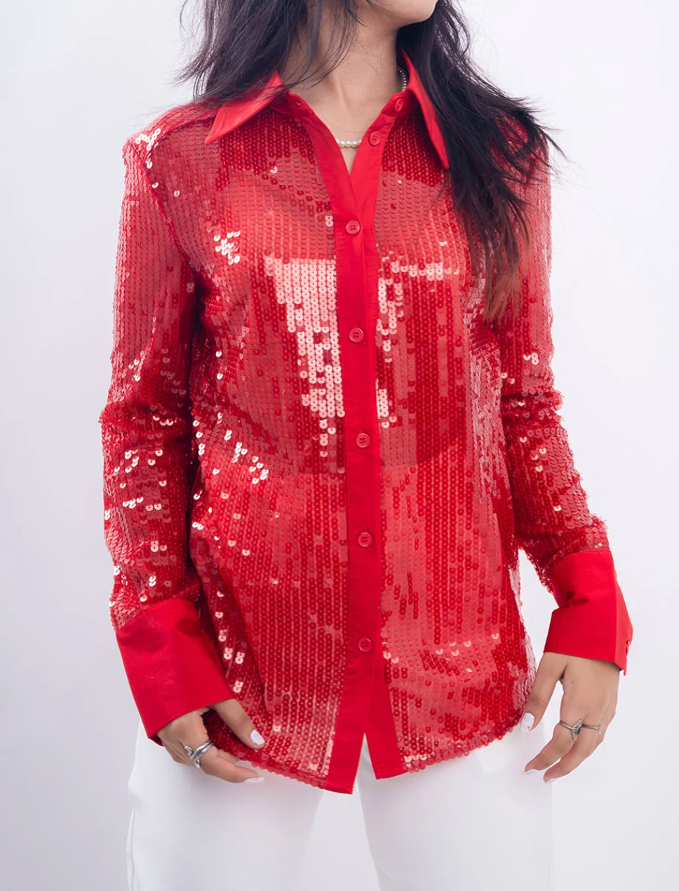 Women's Red Sequin Collared Long Sleeve Shirt eBay