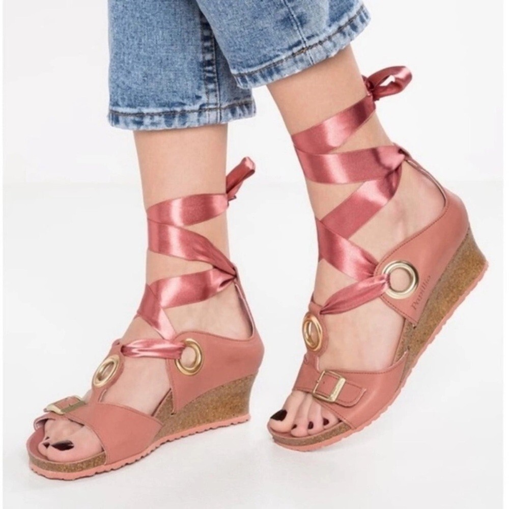 Birkenstock Papillio Emmy Leather Ribbon Strap Wedge Sandals, Size 7