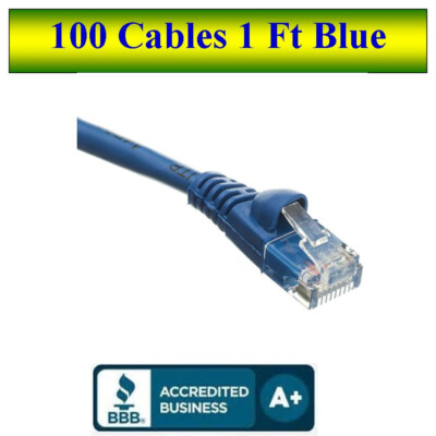 LOT of 100 Cables Snagless 1 Foot Cat5e Blue Network Ethernet Patch Cable