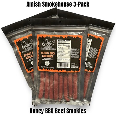 Amish Smokehouse Honey BBQ Beef Sticks (3) 5.75oz Bagged Resealable Smokies