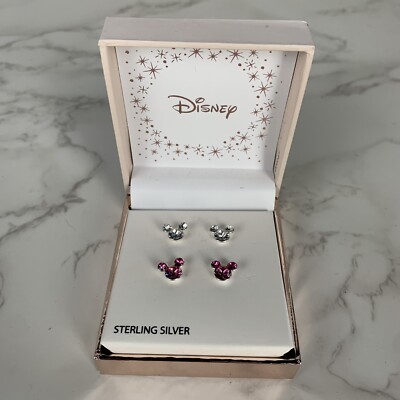 New 2 PAIRS Authentic Disney Mickey Mouse Stud Earrings Sterling Silver Crystals