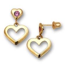14K Yellow Gold Heart Dangle Screw Back Earrings for Women