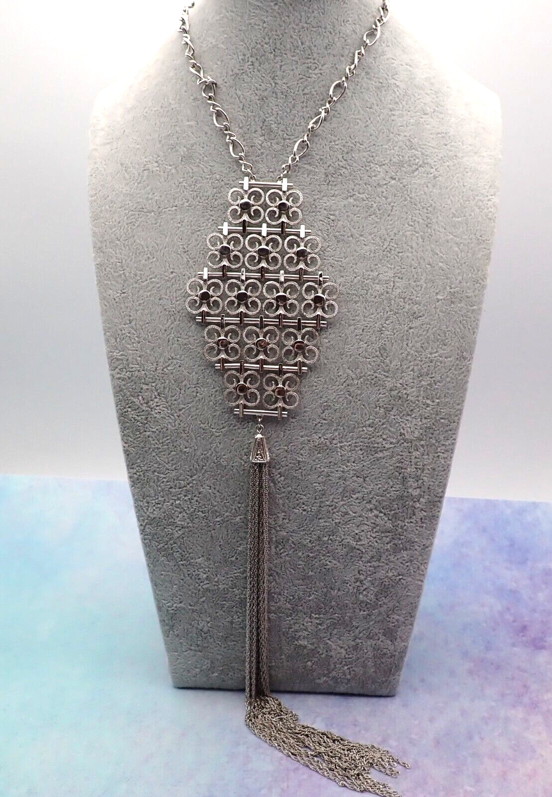 Vtg Dramatic Long 14" Dangle Tassel Scroll Pendan… - image 2