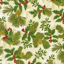 BTHY Kaufman Christmas Holly Pines w/Metallic Gold Ivory Fabric By The Half Yard